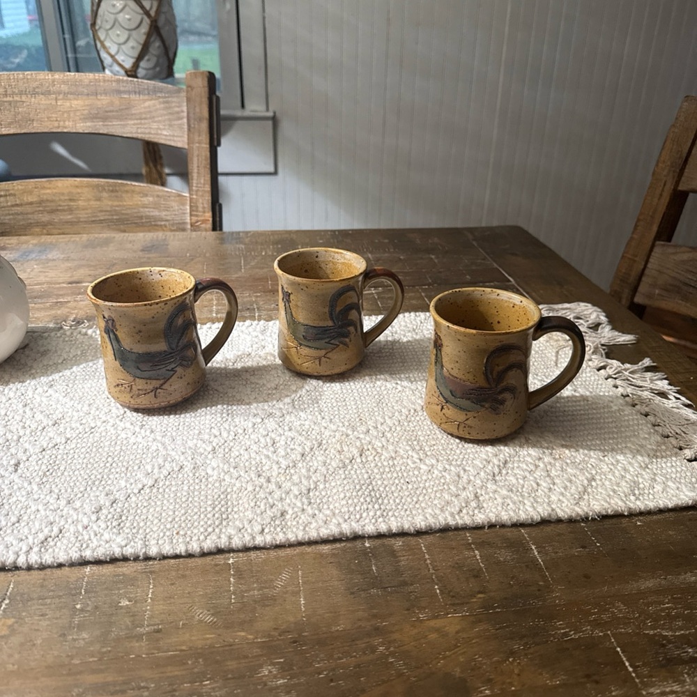 Speckled Rooster Stoneware Coffee Mugs – Brown and Blue Set of 3